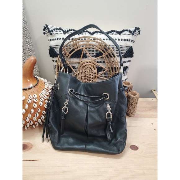 B. Makowsky Designer Black Large Soft Leather Shoulder Handbag Purse Drawstring - Picture 2 of 16